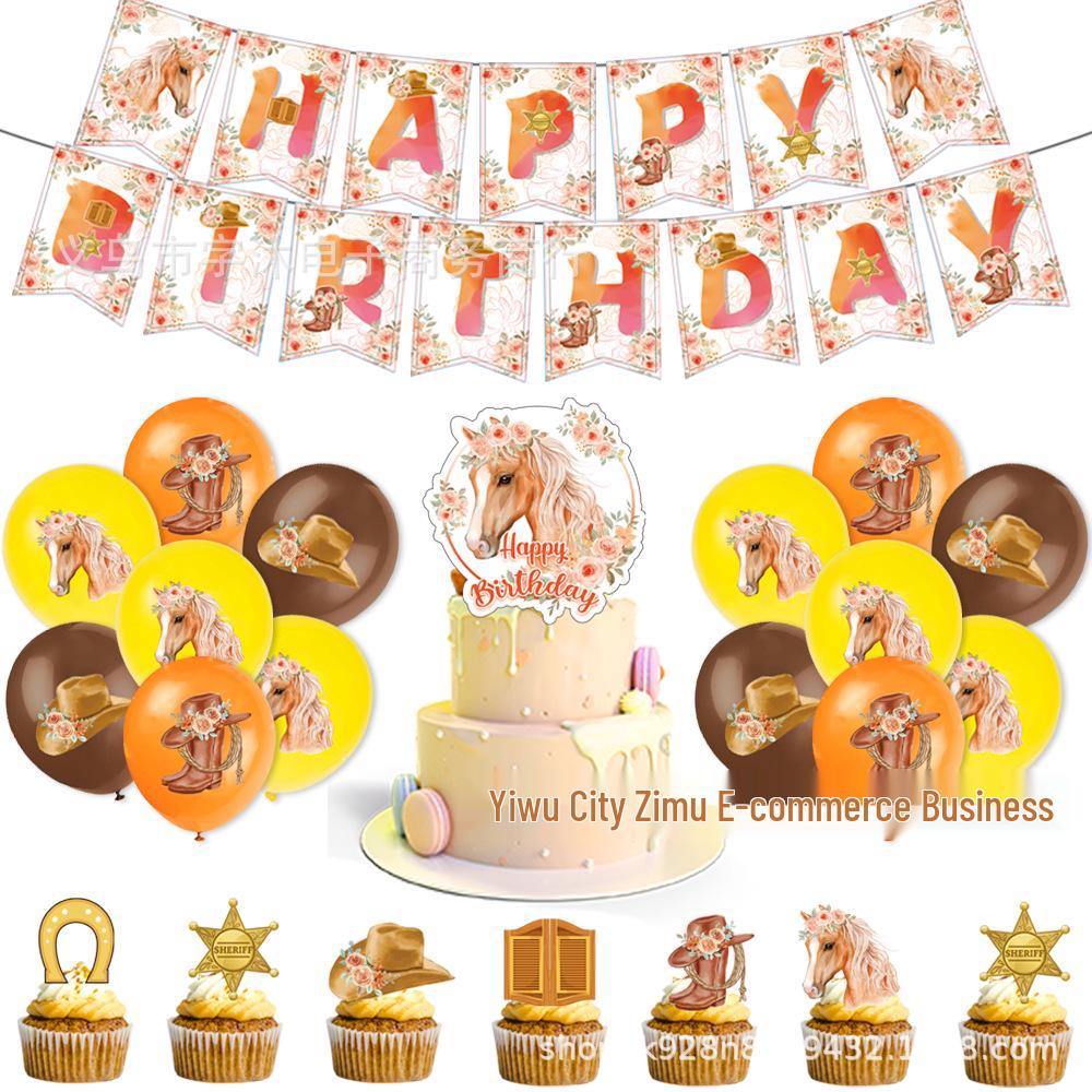 Horse Racing Birthday Party Décor Set - Cartoon Backdrop, Balloons, Cake Toppers