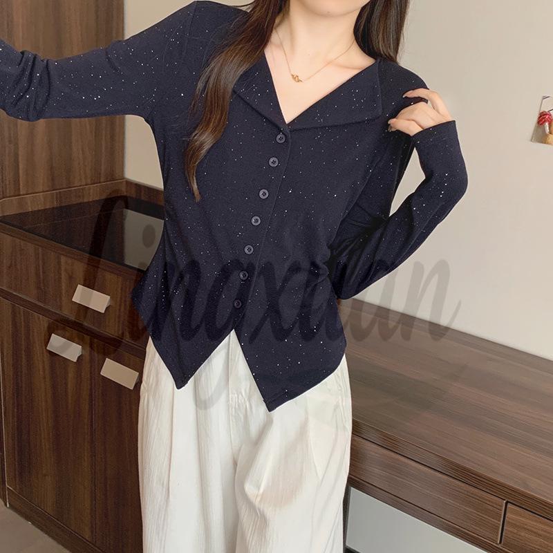 2026 Spring Rhinestone Starry Sky Plus Size Slimming Long Sleeve Top for Women 3XL Plus