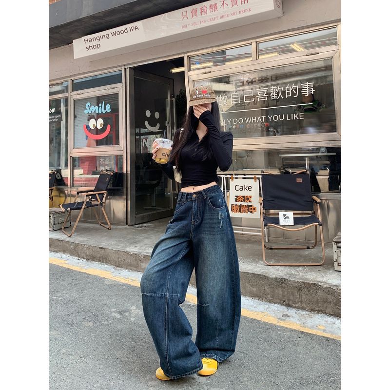 Kumikumi Retro Washed Distressed Blue Denim Women's Clothing Fall Easiest for Match Loose Slim Looking Loose Pants Pants
