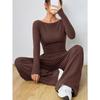 VEZFAA Women's Fashion Casual Spring Autumn Solid Color Print Long Sleeve O-Neck Trousers Pants Suits
