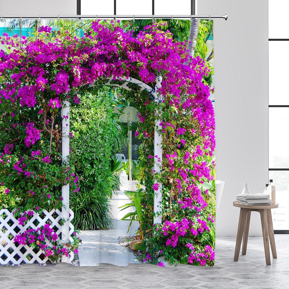Rustic Fence Flowers Shower Curtains Pink Rose Floral Plant Garden Scenery Wall Hanging Fabric Bathroom Curtain Decor With Hooks