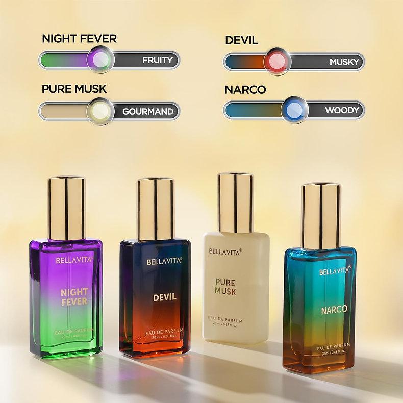 Bellavita Unisex Scents Pure Musk, Devil,Night Fever, Narco, Parfum, 20ml Each