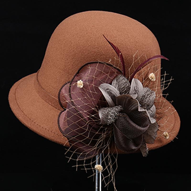Autumn and winter new feather flower woolen top hat women's British retro casual bucket hat fashion mesh small brim basin hat
