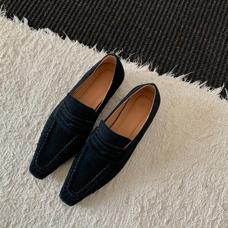 

New women s square head loafers, leather large size women s shoes, casual beef tendon sole sheepskin women s shoes, solid color four-season single sh 40