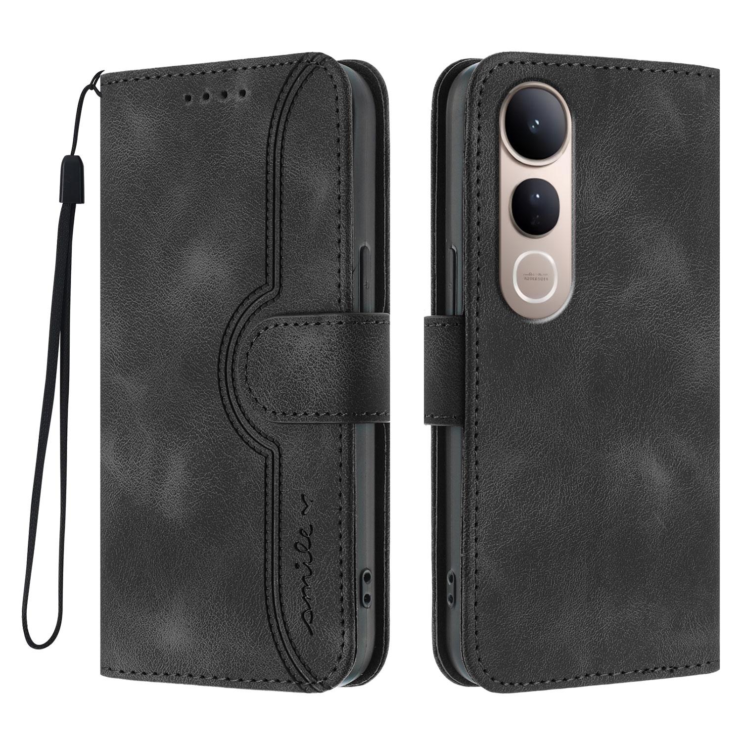

For vivo V50 Lite 5G Leather Case Wallet Stand Smile Imprinted Phone Cover with Strap A