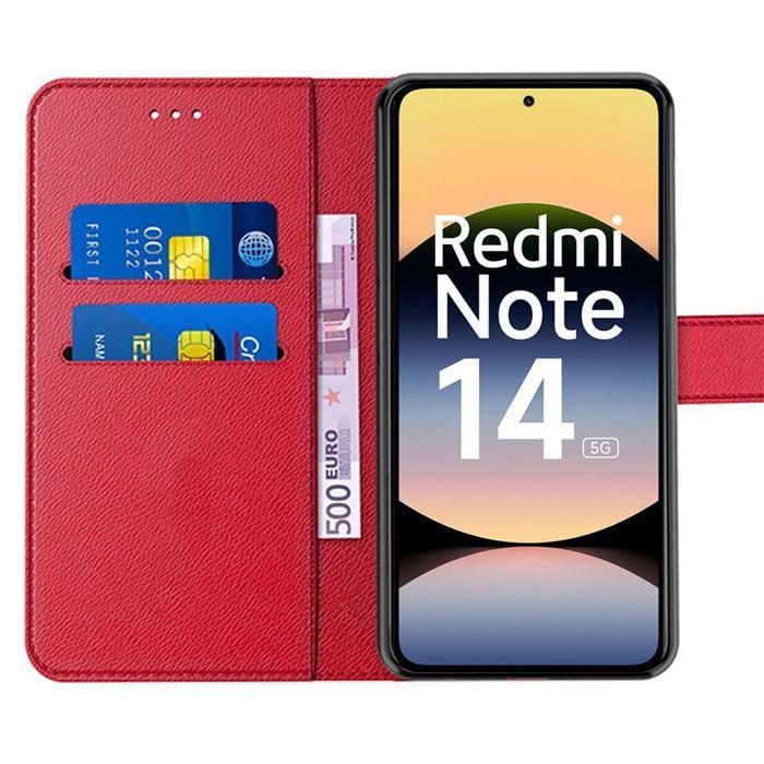 Skyddsskal - E.F.CONNECTION - För Xiaomi Redmi Note 14 5G - Rött PU-läder - 2 Härdat glas - Stöttåligt