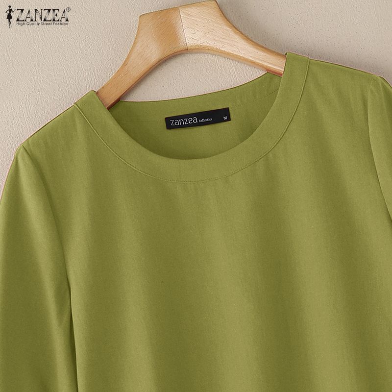 ZANZEA Damen Lässige Rundhals Einfarbig Locker Halbarm Bluse