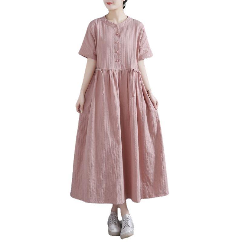2025 Summer New Retro Fan Stand-up Collar Short-sleeved Cotton and Linen Dress Women's Loose and Thin Solid Color Medium and Long Dress