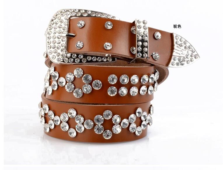 Wide Leather Belt With Metal Pin Closure Rhinestone Decor For Elegant Womens