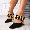 Women's Black Backless High Heel Sandals with Irregular Heels and Golden Buckle