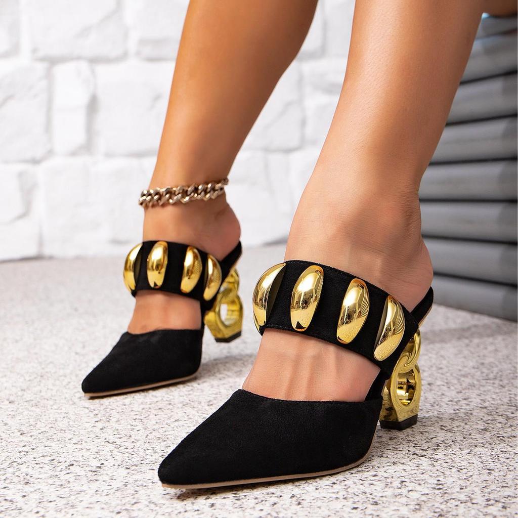 Women's Black Backless High Heel Sandals with Irregular Heels and Golden Buckle