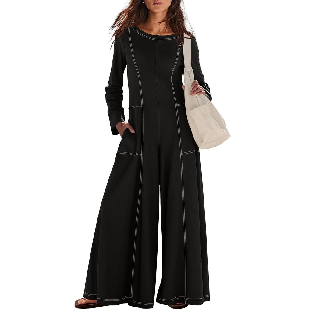 Casual Wide Leg Jumpsuits For Women Solid Color Overalls Rompers Outfits With Pockets
