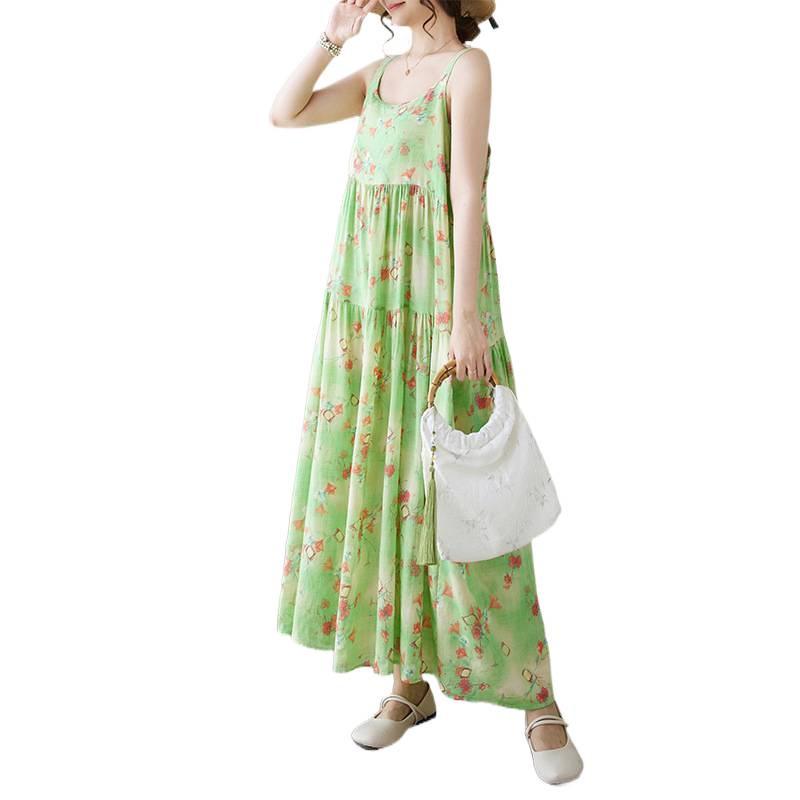 2026 Summer Cotton Linen Patchwork Long Dress with Sling and Large Hem Skirt