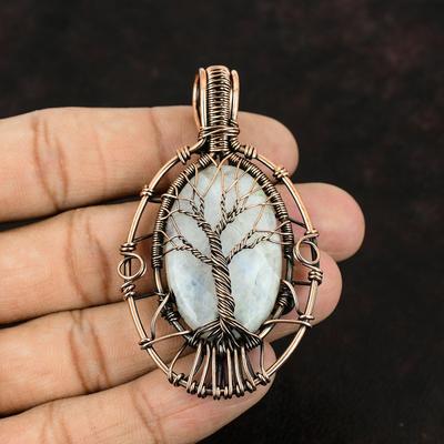 Tree Of Life Rainbow Moonstone Pendant Copper Wire Wrapped Gemstone Pendant Moonstone Jewelry Handmade Pendant Gift For Her Gift For Mother