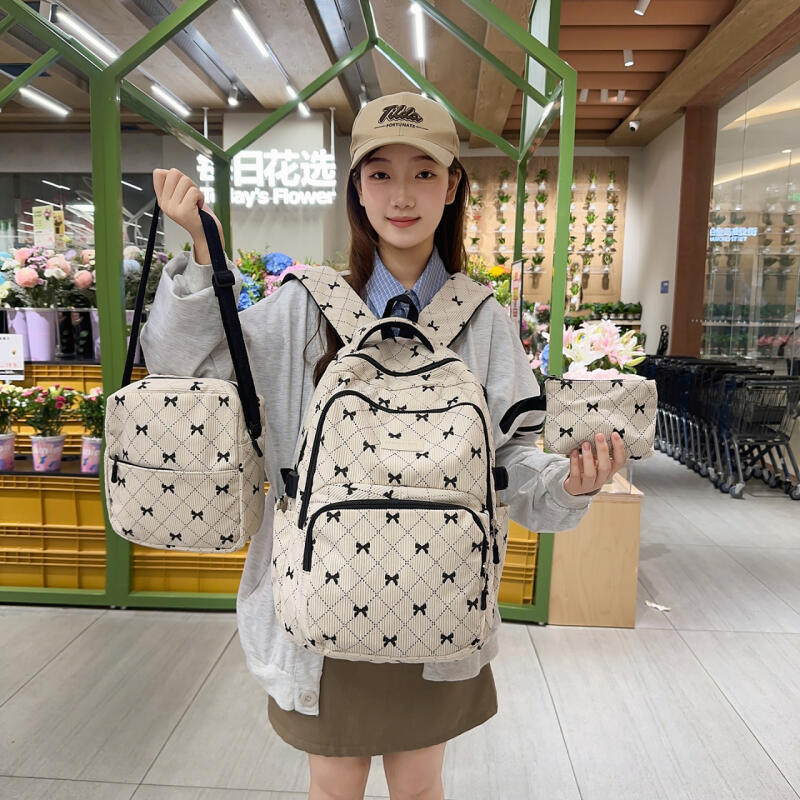 Dreiteiliger Schleifen-Rucksack Cord-Rucksack Schülerschultasche