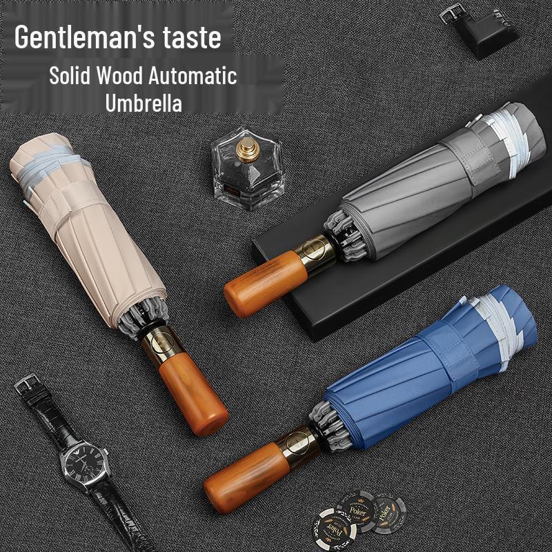 

10-Rib Automatic Reverse Folding Umbrella, Windproof, Sun/Rain Protection, Double-Person, Solid Wood Handle
