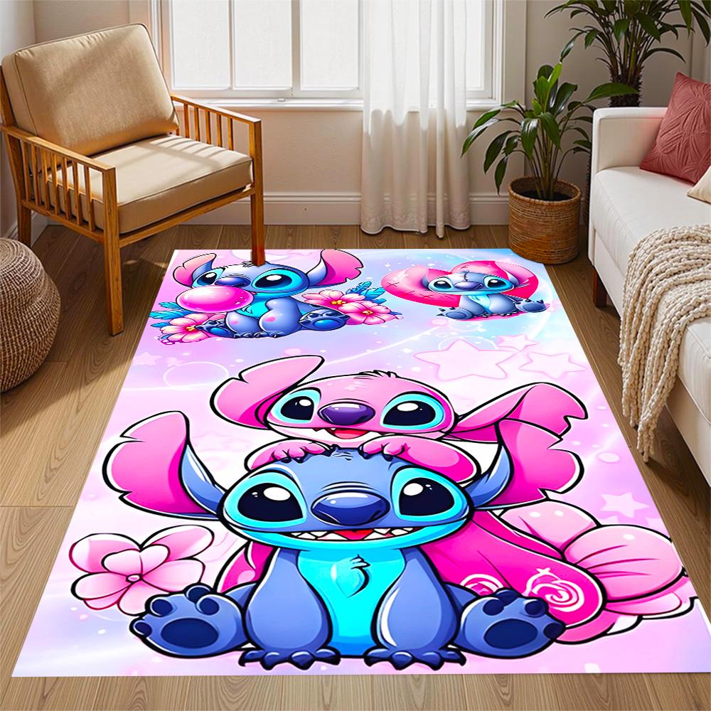 Stitch Adventure In Flowers Disney Cartoon Theme Anti-Slip Rug - Polyester, Home Decor, Suitable for Bedrooms, Living Rooms, Doorways, and Studios