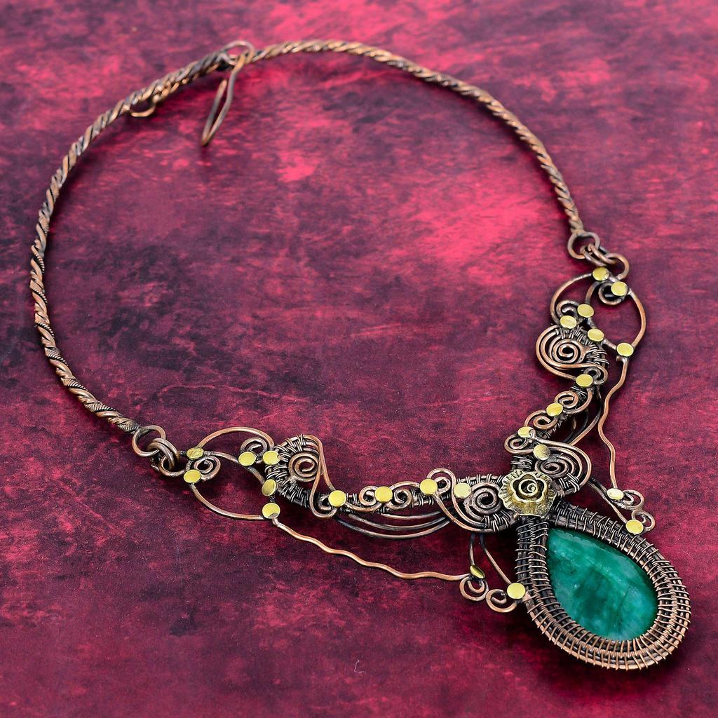 Faceted Zambian Emerald Gemstone Necklace Copper Wire Wrapped Adjustable Necklace