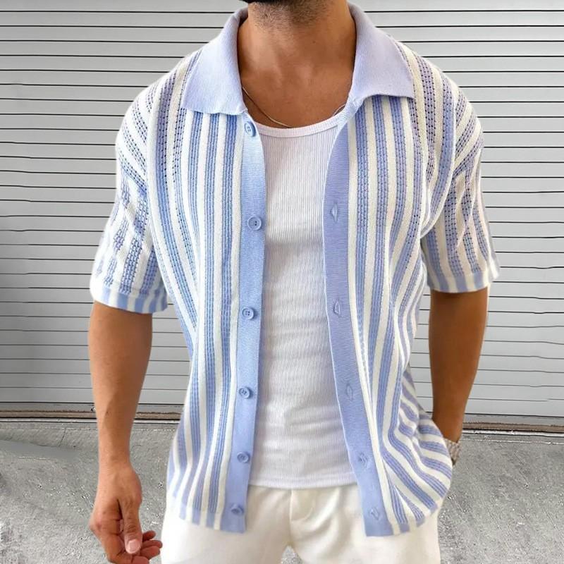 2026 Striped Color Block Knit Cardigan Short Sleeve Lapel Top Men Plus Size