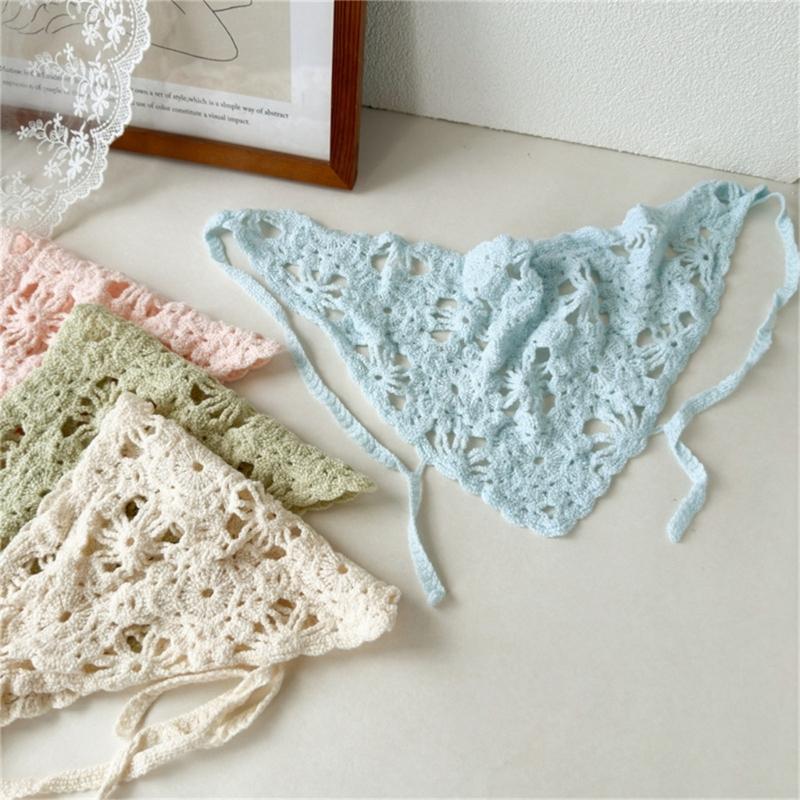 Lace Crochet Flower Triangled Scarf Head Wrap Lightweight Breathable Knit Hair Bandana Delicate Style Photography Accessory