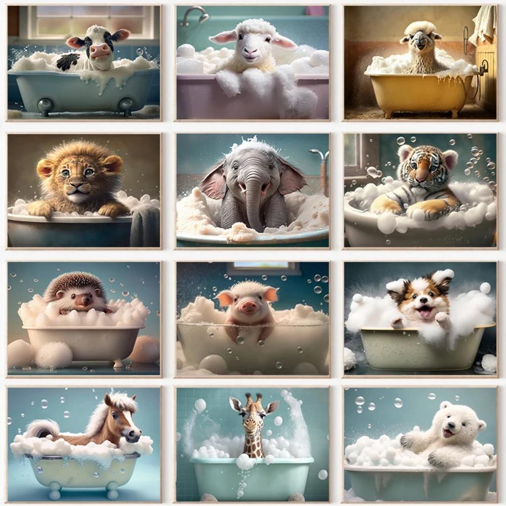 Cute Baby Lion Tiger In Bathtub Wall Art Canvas Painting Animals Bathing Funny Bathroom Art Poster Prints Picture Room Decor