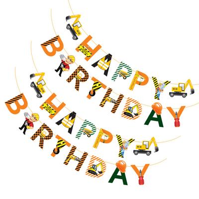 2 Pcs Engineering Car Pull Flowers Happy Birthday Banner Decorations Construction Fornite Ornament Home The Baby