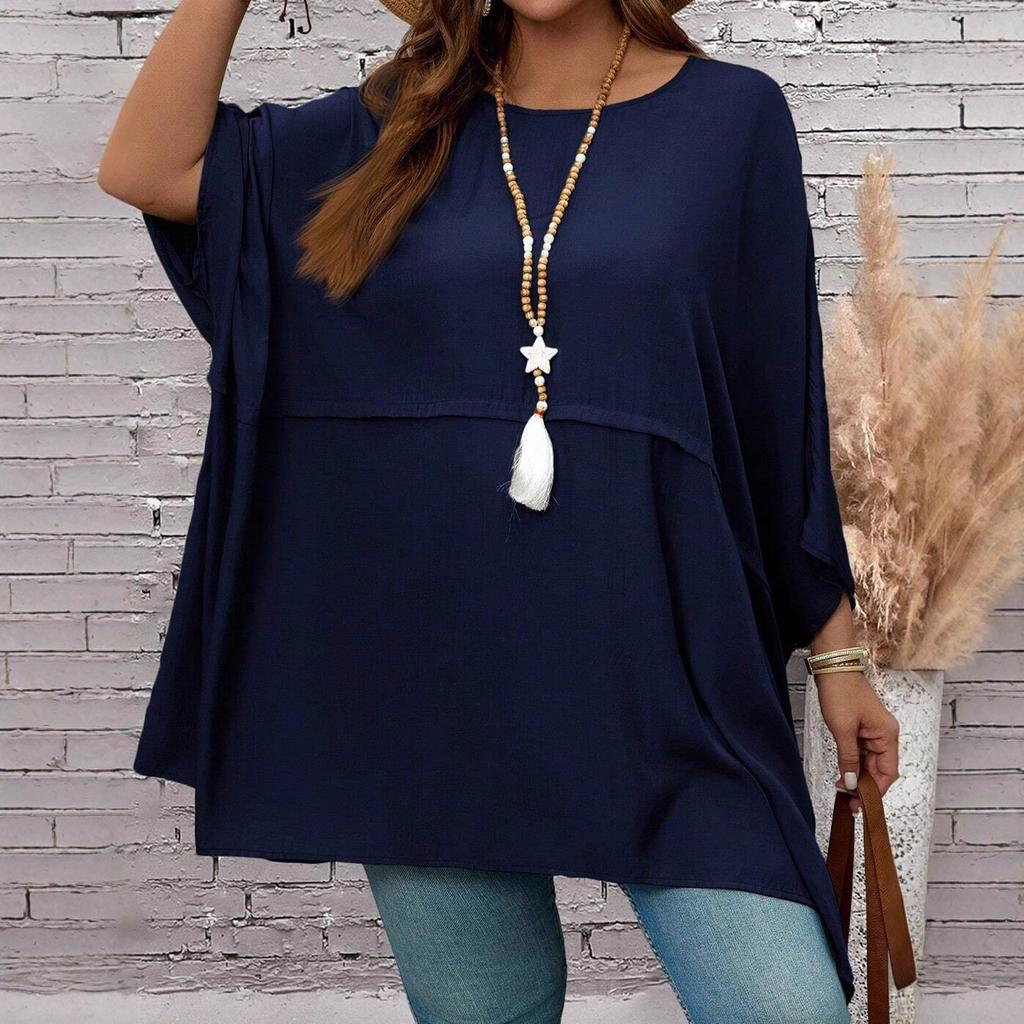 Women Plus Size Solid Color Asymmetric Hem Poncho Top Batwing Sleeve Loose Summer Blouse