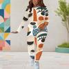 Women Plus Size Navy Blue Gold White Abstract Printed Round Neck Long Sleeve Top Fitted Pants Two Piece Set