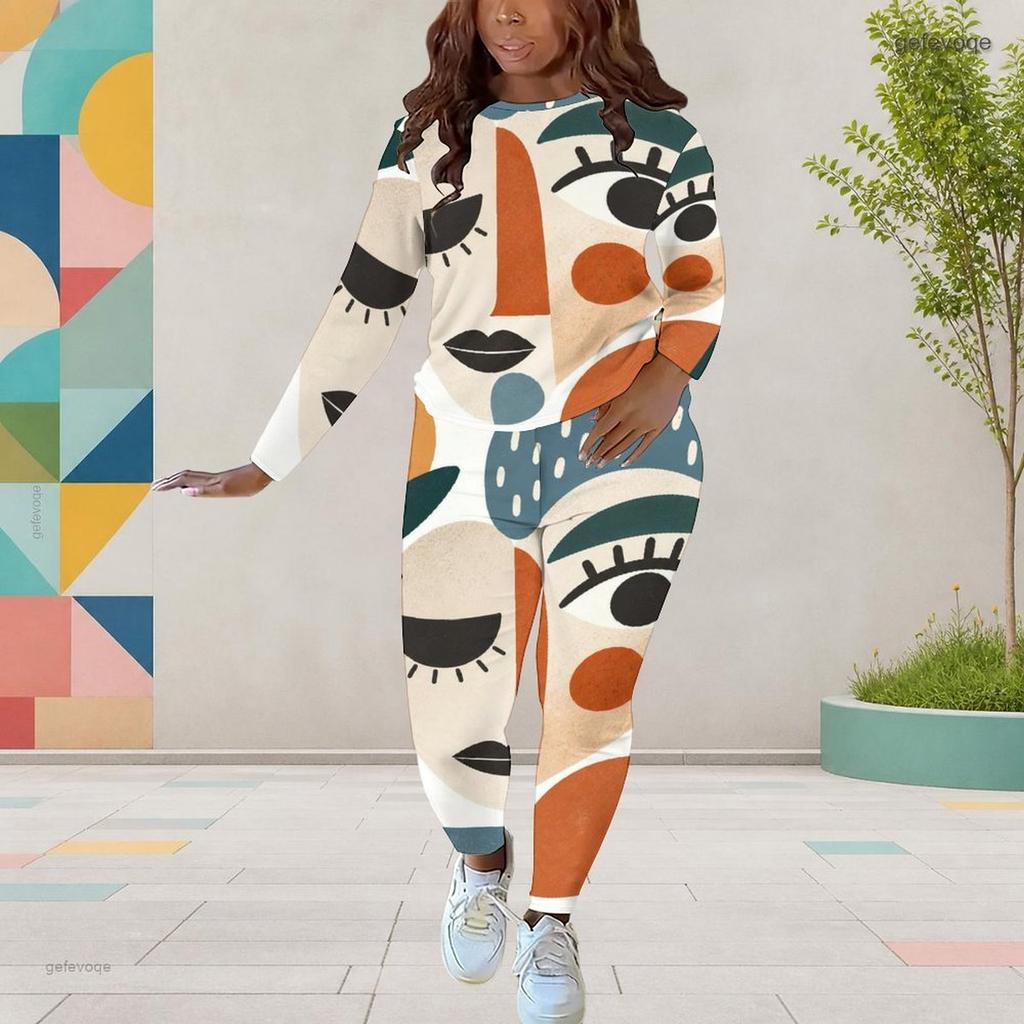 Women Plus Size Navy Blue Gold White Abstract Printed Round Neck Long Sleeve Top Fitted Pants Two Piece Set