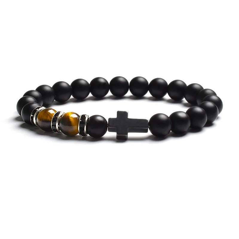 Fashion Religion Cross Men Women 8mm Natural Stone Tiger Eye & Black Matte Agates Bead Bracelet Elastic Bracelet Bangle Jewelry