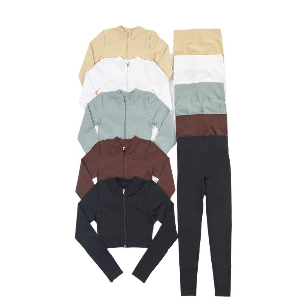 Hot Style Zipper Sport Fitness Suit Set: Women's Long Sleeve and Pants Seamless Yoga Outfit