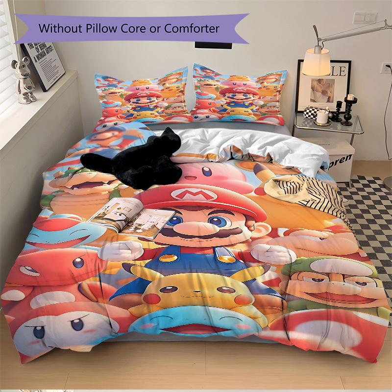 3pc Mario Pikachu Bedding Set Guest Room Bedroom Decor Christmas Halloween Decor Gifts- All Seasons (No Insert)a1013113