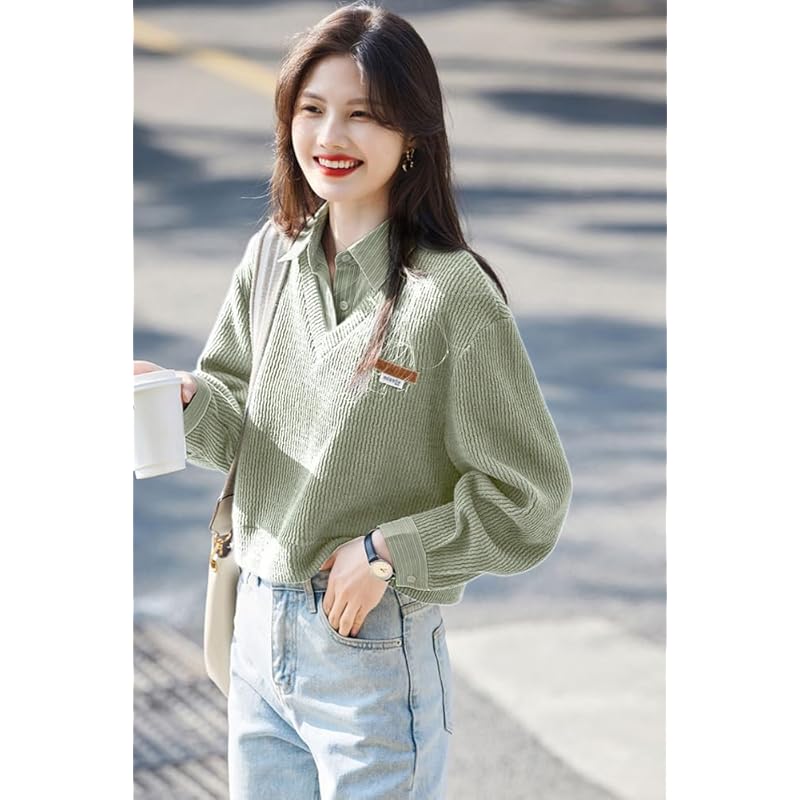 [Sayla] tops pullover long sleeve jacket ladies switching fake layered stripe shirt Thick polo shirt folded collar Fashionable sweater Beautiful