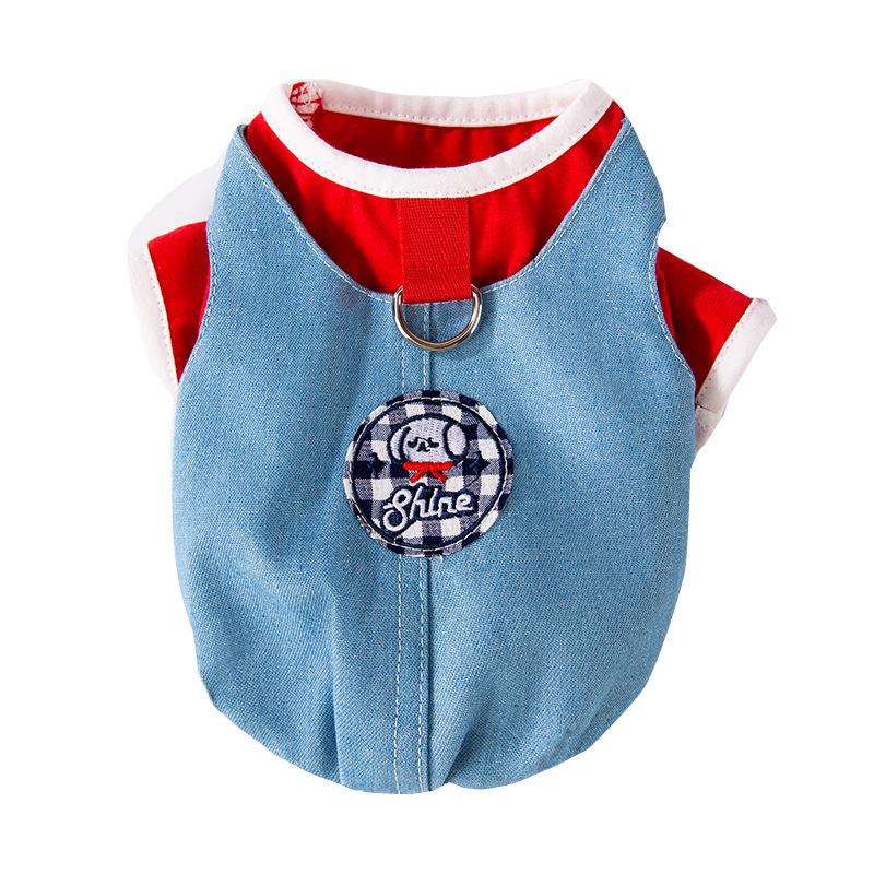 Denim fake two-piece traction T-shirt summer thin cat clothes pet anti-hair-loss muppet British short American short spring