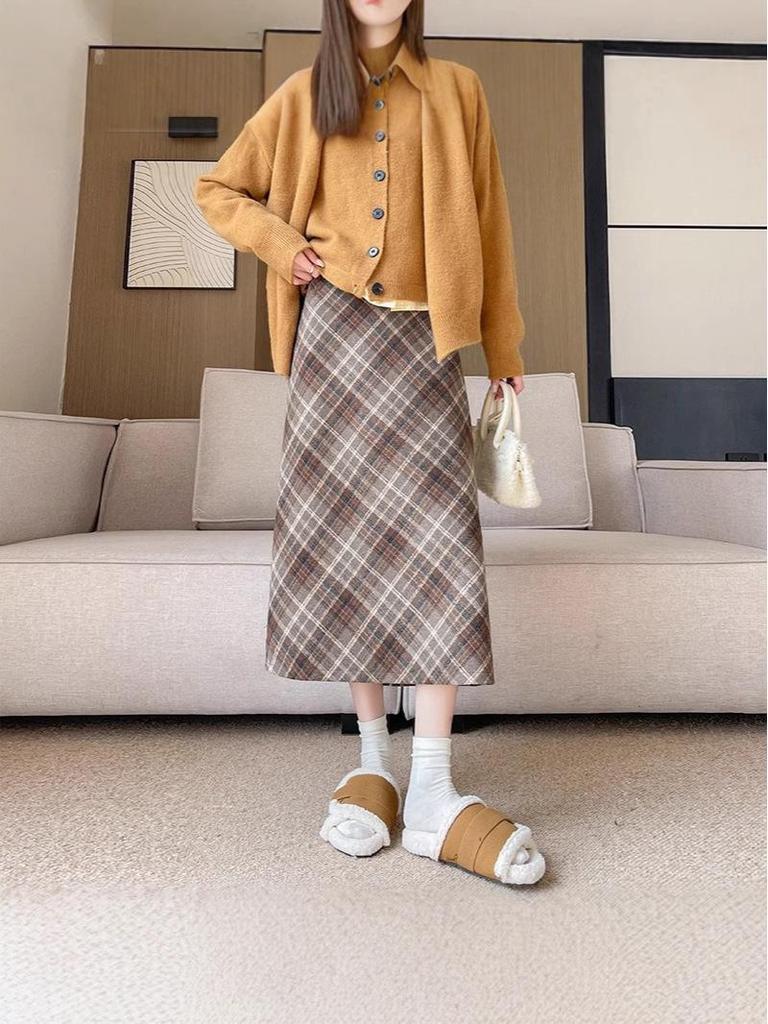 Autumn-Winter High Waist Wool Plaid A-Line Midi Skirt