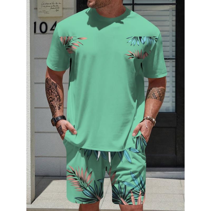 Hawaiianischer Urlaubsstil Sommer Herren 3D-Druck T-Shirt und Shorts Set Locker Einfach Mode Sportbekleidung Lässig Zweiteiliges Outfit Für Erwachsene Männer