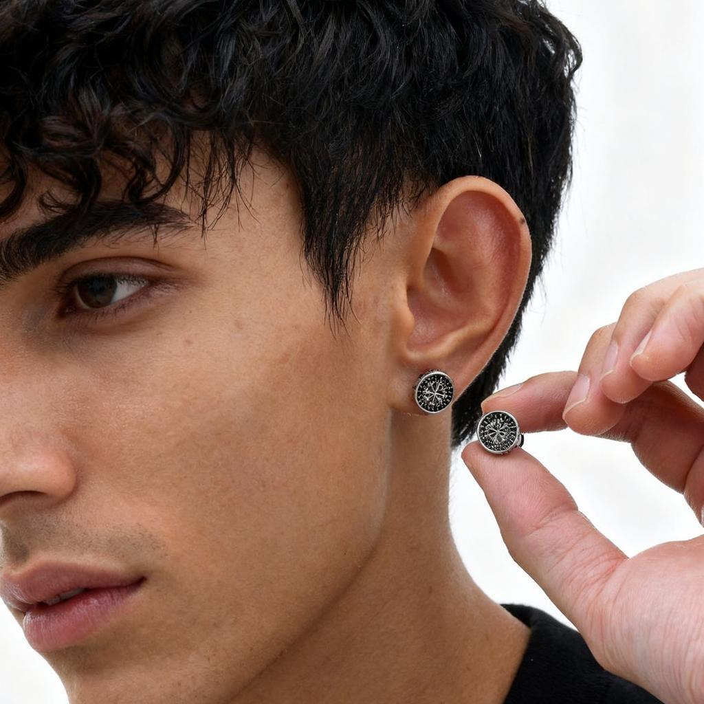 Vintage Viking Stud Earrings for Men Boys,Round Stainless Steel Compass Zircon Earring,Simple Jewelry Gift for Him
