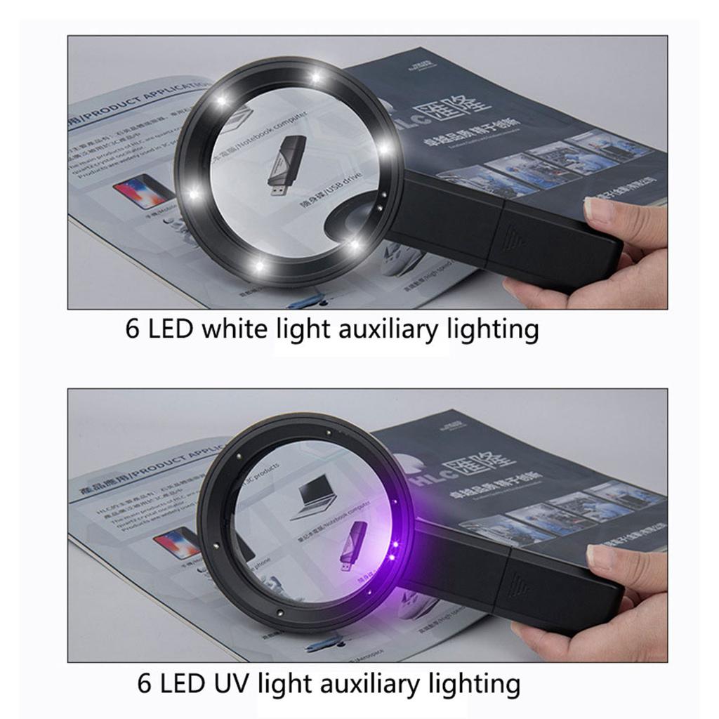 Chargable Illuminated Magnifier with 6 LED+ 2UV Handhled Microscope Magnifying Glass Gift