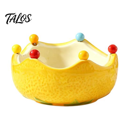 Fruit Plate with Fruit Fork, Ceramic Fruit Bowl, Orange Decorative Snack Serving Dish, for Kitchen Counter And Dining Table