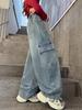 Girls' Retro Blue High-Waist Wide-Leg Pants - Spring & Autumn Versatile Loose Fit