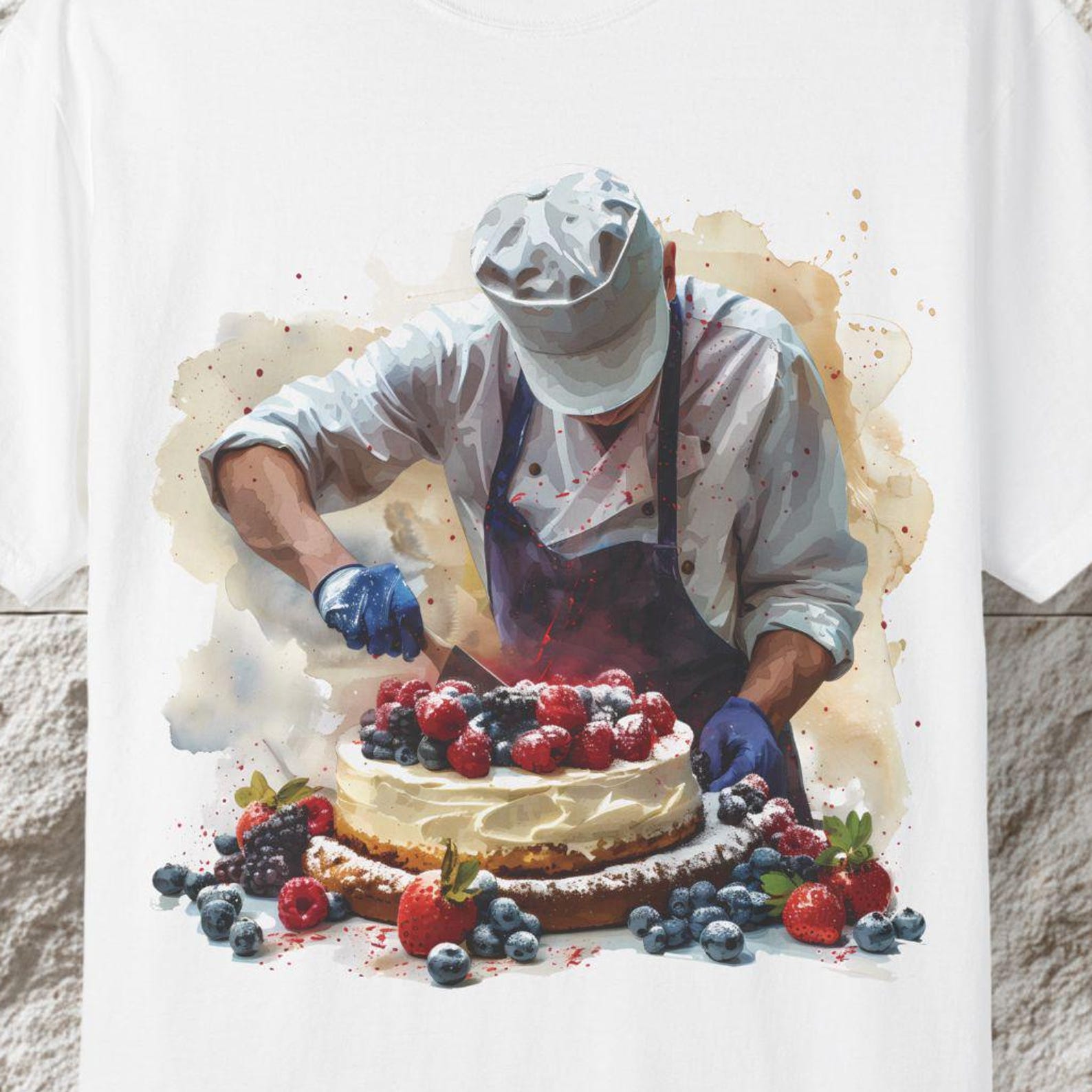 Pastry Chef Berry Cake T-Shirt, Watercolor Bakery Art L
