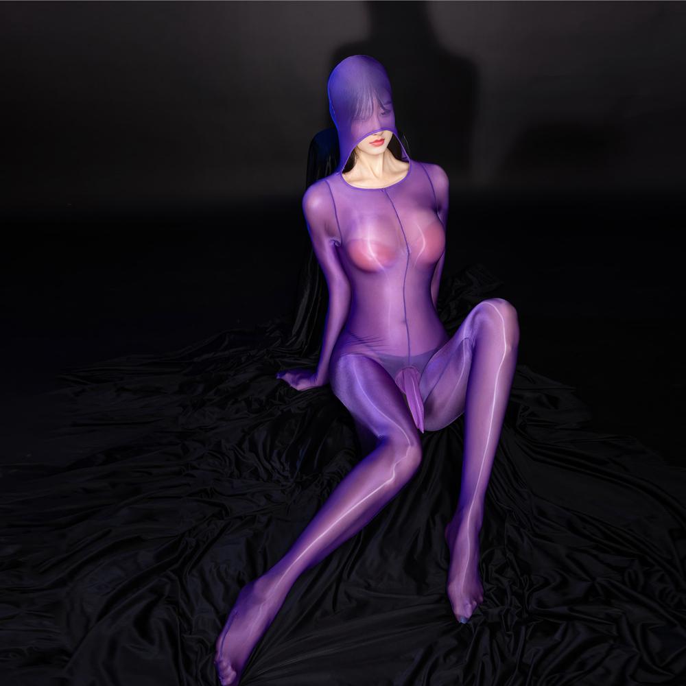 Sexy Women Full Cover Maid Tights Glossiness Elastic Bodysuit Rompers Sheer See Through Bulge Pouch Leotard One Piece Thong