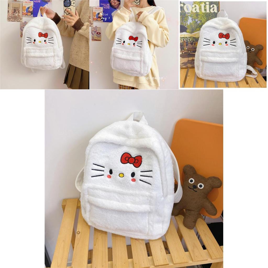 Cute Cartoon Hello Kitty Plush Zipper Backpack Street Style Nylon Material