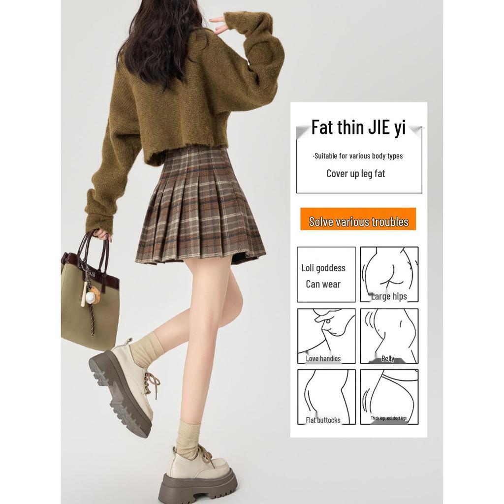 Korean Style Wool Plaid Pleated Mini Skirt for Women - High Waist A-line Slimming Design