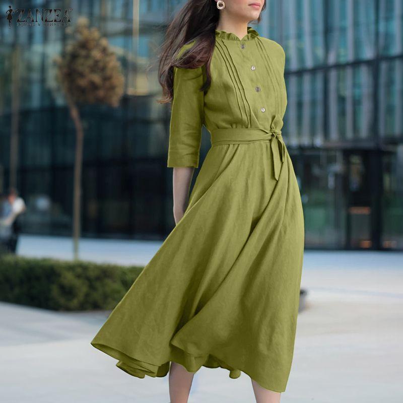 ZANZEA Women Round Neck Casual 3/4 Sleeve Loose Long Dress