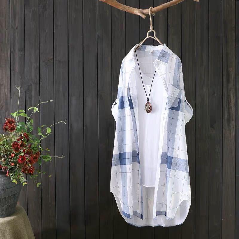 

Женская клетчатая рубашка средней длины — большие размеры, свободная, утягивающая мода на весну/лето 2024 г. 3X-Large синий