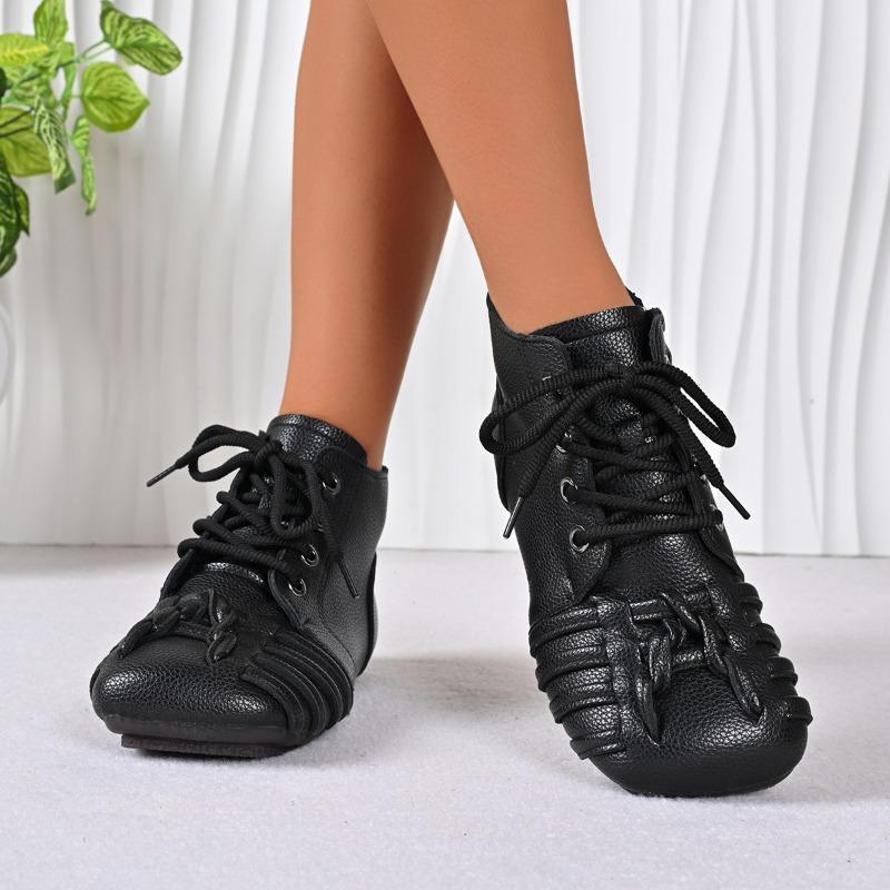 Low Heel Bare Boots  Round Toe Lace-Up Side Zip Soft Leather Soft Sole Mom Shoes