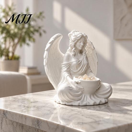 Mini Indoor Flower Pot 3D Printed Sitting Angel Figurine with Bowl, White Statue Tabletop European Style Home Decor Ornament, Multi-Purpose Holder for