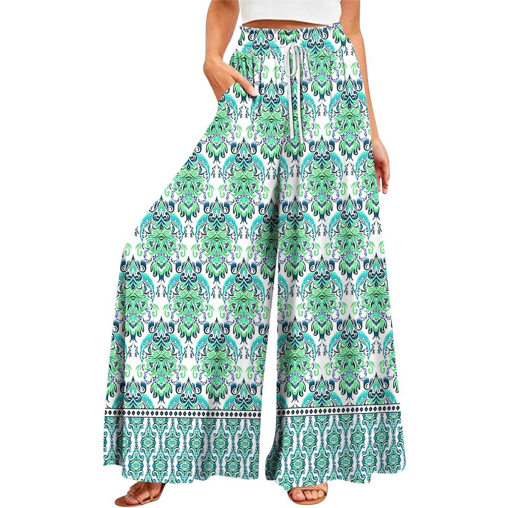 Women's Summer Wide Leg Pants High Waisted Flowing Pockets Fashion Casual Casual Bohemian Printed Beach Pants