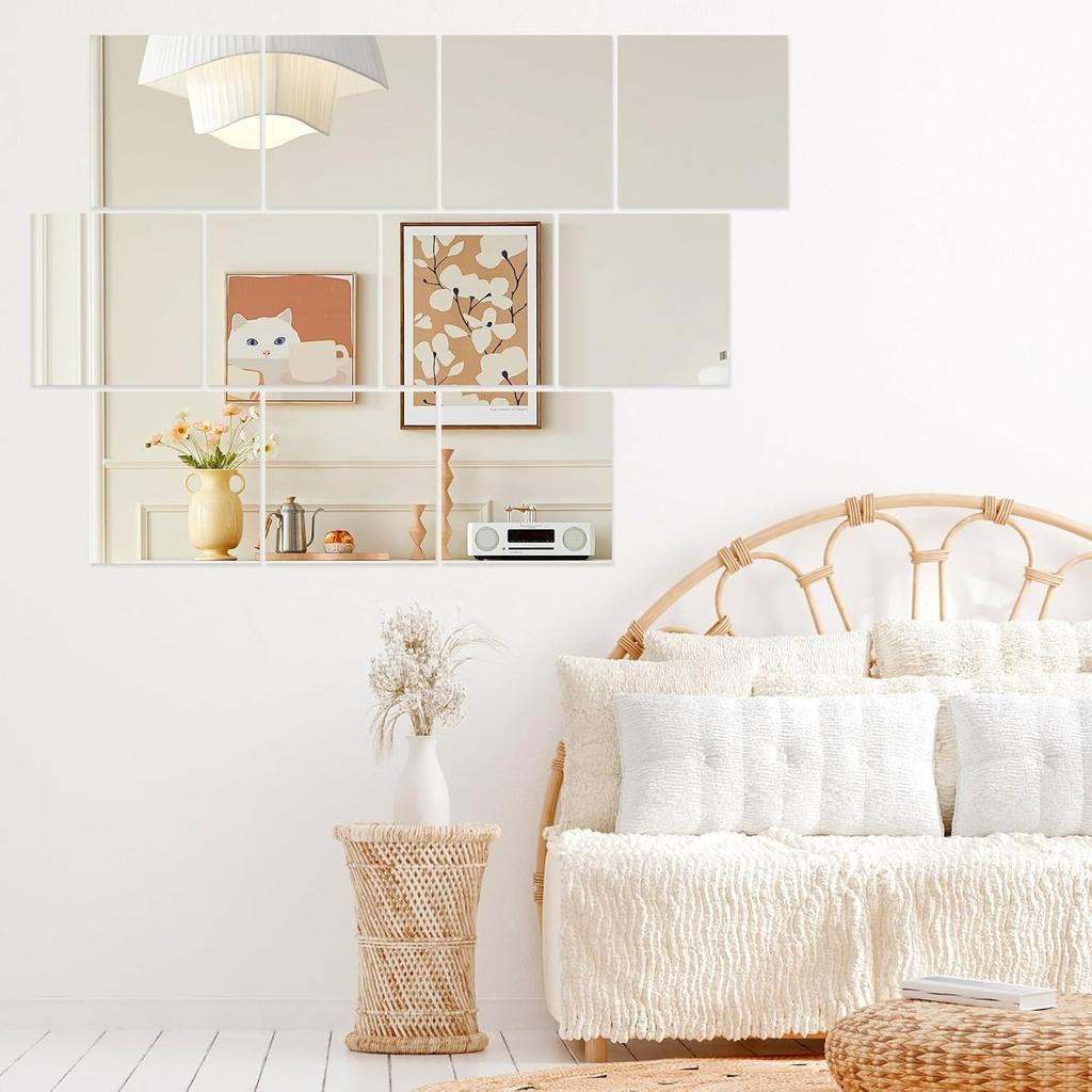 4 Pieces Self Adhesive Mirror Tiles 20x20cm (2mm Thick), Acrylic Stick on Mirror Stickers, Flexible Tiles for Wall, Bathroom, Bedroom